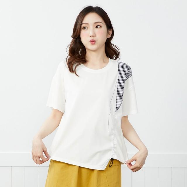 【betty’s 貝蒂思】出清品  格紋拼接下擺造型抽繩短袖T-shirt(白色)