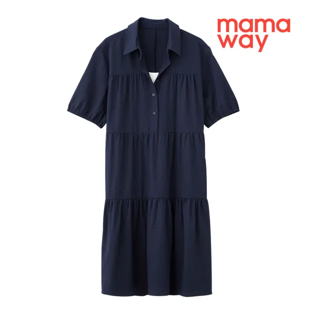 【mamaway 媽媽餵】襯衫領蛋糕裙孕哺洋裝(孕婦裝 哺乳洋裝 哺乳衣)