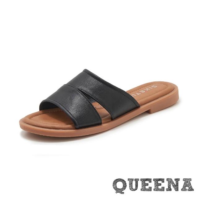 【QUEENA】低跟拖鞋 純色拖鞋/極簡日常舒適純色低跟拖鞋(黑)