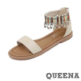 【QUEENA】低跟拖鞋 流蘇拖鞋/時尚民族風彩色串珠流蘇一字帶低跟羅馬涼鞋(杏)