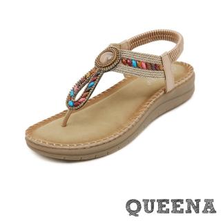 【QUEENA】厚底涼鞋 人字涼鞋/時尚民族風彩色串珠編織人字夾腳厚底涼鞋(香檳)