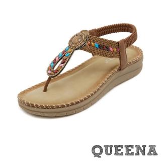 【QUEENA】厚底涼鞋 人字涼鞋/時尚民族風彩色串珠編織人字夾腳厚底涼鞋(棕)