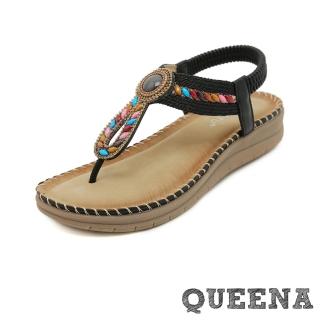 【QUEENA】厚底涼鞋 人字涼鞋/時尚民族風彩色串珠編織人字夾腳厚底涼鞋(黑)