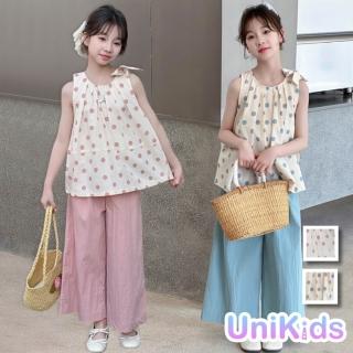 【UniKids】中大童裝2件套裝波點無袖上衣闊腿九分褲 女大童裝 CVCS8181(藍 粉紅)