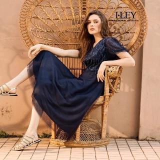 【ILEY 伊蕾】亮片流蘇蕾絲拼接網紗洋裝(深藍；M-2L；1252547107)