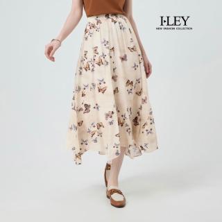 【ILEY 伊蕾】蝴蝶紛飛印花中長裙(杏；M-XL；1252672306)