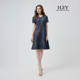 【ILEY 伊蕾】花朵刺繡縲縈短袖牛仔洋裝(深藍；M-2L；1252078752)