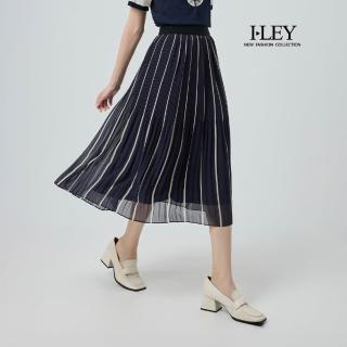 【ILEY 伊蕾】腰下細褶條紋雪紡中長裙(深藍；M-XL；1252162332)