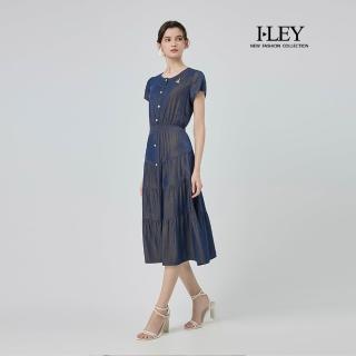 【ILEY 伊蕾】排釦縲縈牛仔蛋糕洋裝(深藍；M-XL；1252318754)