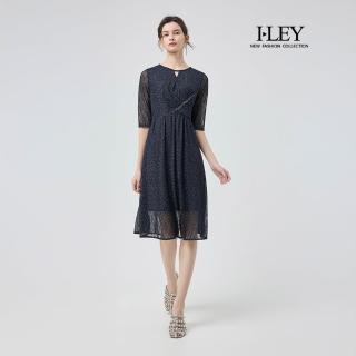 【ILEY 伊蕾】點點蕾絲網紗七分袖洋裝(深藍；M-2L；1252317159)