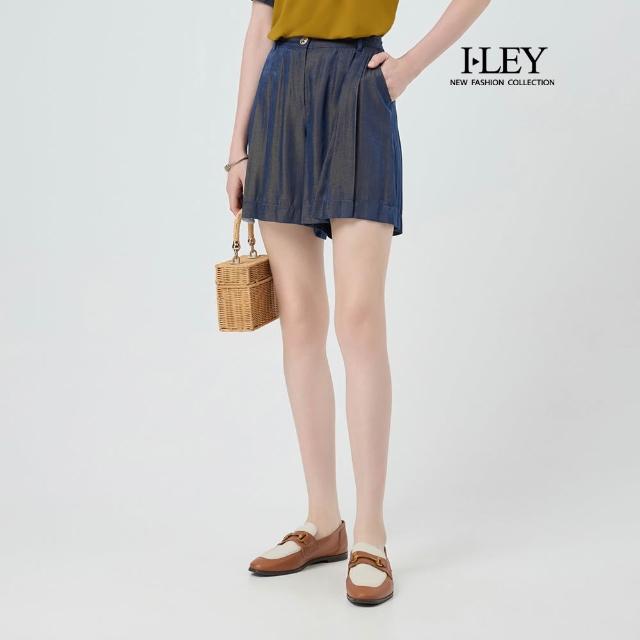【ILEY 伊蕾】船錨腰釦縲縈絲光牛仔短褲(深藍；M-2L；1252318553)
