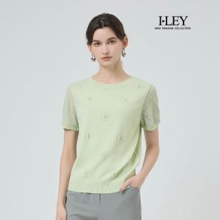 【ILEY 伊蕾】花朵緹織縲縈拼接針織上衣(淺綠；M-XL；1251175012)