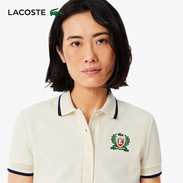 【LACOSTE】女裝-修身法國製側腰飾邊短袖Polo衫(白色)