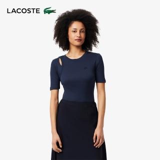 【LACOSTE】女裝-貼身剪接造型素色短袖T恤(海軍藍)