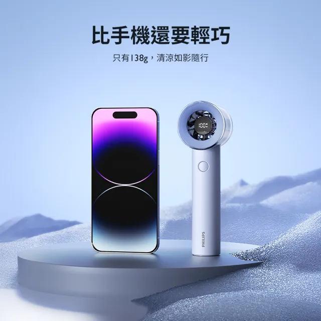 【Philips 飛利浦】3色可選-小炫風 高速100檔手持風扇 Type-C充電/LED顯示(ACR3222)