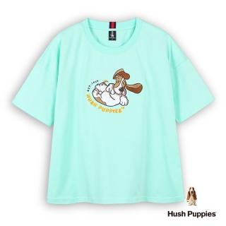 【Hush Puppies】女裝 T恤 Q版趣味狗寬版落肩T恤(藍綠 / 53211103)
