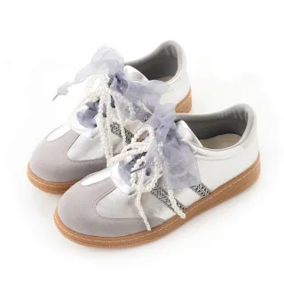 【amai】仙女日常珍珠蝴蝶結緞帶休閒德訓鞋 休閒鞋 小白鞋 緞帶鞋 百搭 復古 大尺碼 GT25-3GY(灰色)
