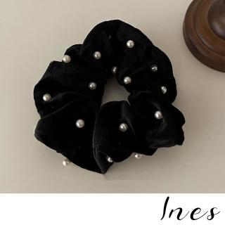 【INES】韓國設計高階感黑色絲絨珍珠點綴造型大腸圈 髮圈 髮繩(黑色髮圈 絲絨髮圈 珍珠髮圈)