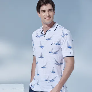 【NAUTICA】官方旗艦 男裝 滿版帆船印刷短袖POLO衫(白色)