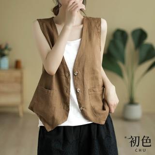 【初色】輕薄V領無袖單排釦棉麻風西裝馬甲背心外套女外套-共3色-12407(M-4XL可選)