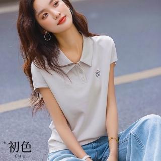【初色】文藝休閒簡約風透氣純色刺繡門襟釦POLO領短袖襯衫上衣女上衣-共2色-12369(M-2XL可選)