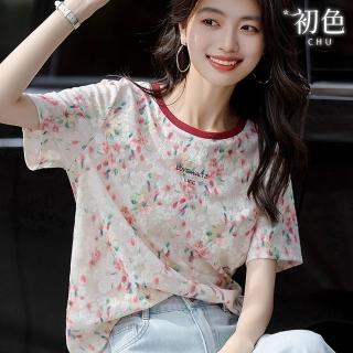 【初色】氣質時尚復古風休閒透氣撞色碎花刺繡圓領短袖T恤上衣女上衣-米白色-12358(M-XL可選)