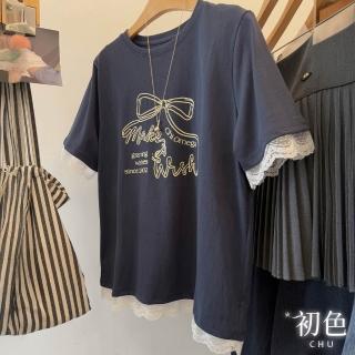 【初色】美式復古風蕾絲花邊蝴蝶結印花寬鬆透氣圓領短袖T恤上衣女上衣-共2色-12245(M-4XL可選)
