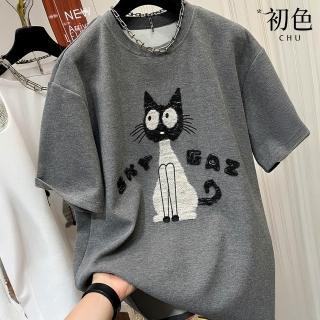 【初色】卡通貓咪磨毛立體感刺繡寬鬆顯瘦休閒圓領短袖T恤上衣女上衣-共2色-12244(M-4XL可選)