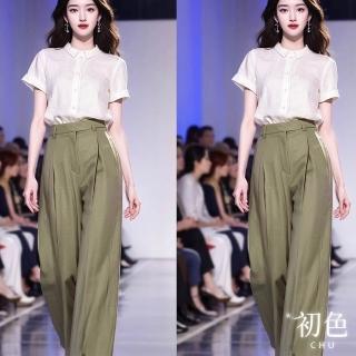 【初色】文藝棉麻風透氣純色短袖POLO領單排釦襯衫+休閒闊腿寬長褲套裝-白衣綠褲-12315(M-2XL可選)