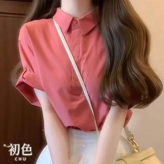 【初色】韓系簡約透氣純色短袖門襟單排釦摺袖POLO領襯衫上衣女上衣-共2色-12297(M-XL可選)