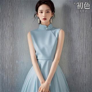 【初色】純色新中式立領無袖改良式旗袍中長連衣裙連身洋裝-淺藍色-12280(M-2XL可選)