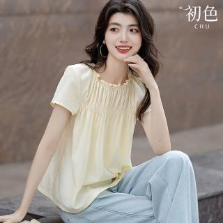 【初色】法式純色木耳邊圓領通勤短袖上衣女上衣裝-米色-12354(M-XL可選)