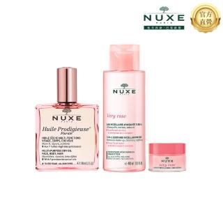 【NUXE 巴黎歐樹】花漾玫瑰嫩膚套裝(全效花香精華油100ml+玫瑰柔舒潔膚水400ml+玫瑰極潤護唇膏15ML)