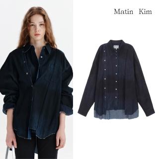 【MATIN KIM】官方旗艦 女版 單寧不規則剪裁色染長袖襯衫 牛仔(海軍藍)