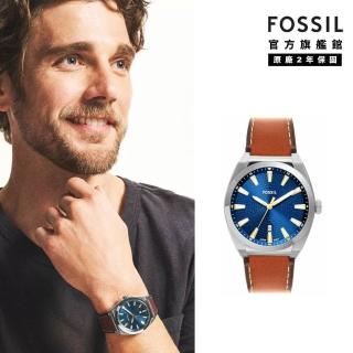 【FOSSIL】Everett 極簡紳士藍手錶 棕色真皮錶帶 42 MM FS6115