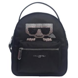 【KARL LAGERFELD 卡爾】水鑽頭像綴飾前拉鍊袋尼龍後揹包(小/黑)
