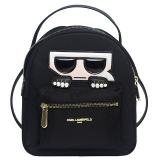 【KARL LAGERFELD 卡爾】墨鏡Q版頭像前拉鍊袋尼龍後揹包(小/黑)