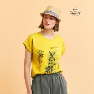 【OUWEY 歐薇】海濱插畫圖案反摺袖純棉上衣(芥黃；M-L；3252391232)