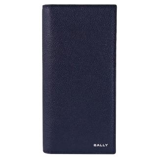 【BALLY】簡約燙印LOGO內裡撞色皮革對折零錢長夾(深藍)