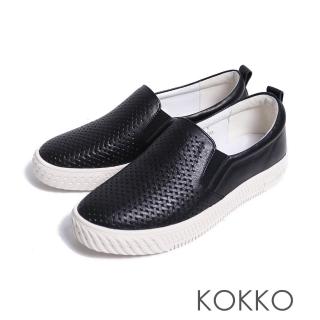 【KOKKO】素面編織感輕量真皮懶人休閒鞋(黑色)