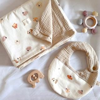 【Lianne baby】兩入彌月禮盒組 臺灣職人手作韓國布春夏薄被 圍兜(嬰兒圍兜 新生兒禮盒 口水巾禮盒)