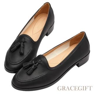 【Grace Gift】小貴族復古流蘇全真皮平底樂福鞋(黑)