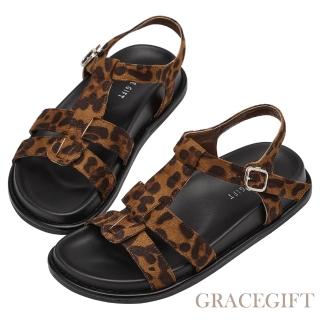 【Grace Gift】復古率性T字澎澎鞋墊編織涼鞋(豹紋)