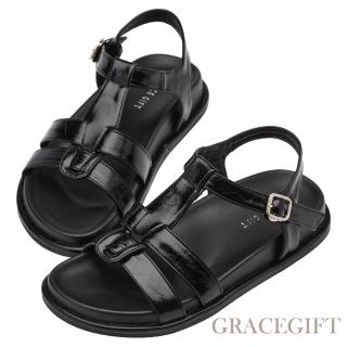 【Grace Gift】復古率性T字澎澎鞋墊編織涼鞋(黑)