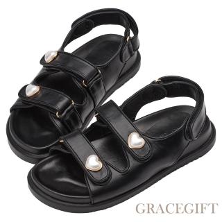 【Grace Gift】珍珠愛心雙帶魔鬼氈涼鞋(黑)