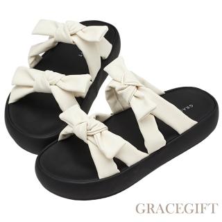 【Grace Gift】Y3K甜酷澎澎蝴蝶結雲感厚底涼鞋(米白)
