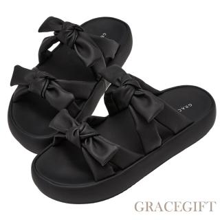 【Grace Gift】Y3K甜酷澎澎蝴蝶結雲感厚底涼鞋(黑)