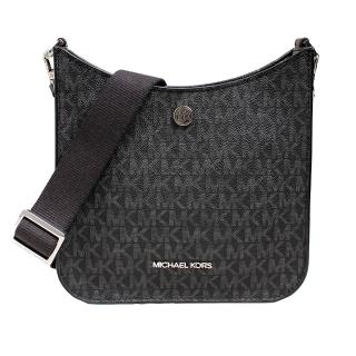 【Michael Kors】MK BRILEY滿版LOGO皮革寬背帶迷你斜揹包(滿版黑)