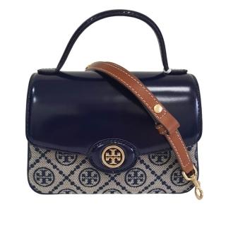 【TORY BURCH】Robinson 專櫃款 手提肩背兩用包 深藍皮革緹花布(贈原廠防塵袋紙袋/母親節送禮)
