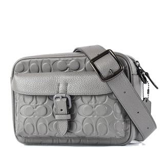 【COACH】男款 Warner 壓印LOGO小牛皮拉鍊斜揹包-灰色